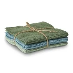 Ukendt Strikket Karklud 25x25cm, 3 Stk. Grøn/Blå